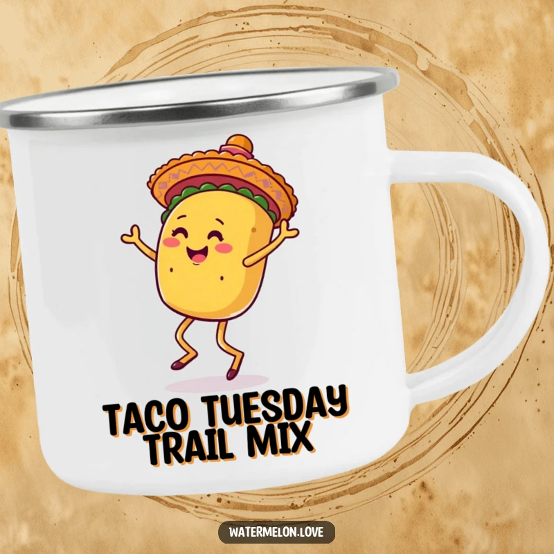 Funny camping mug featuring a dancing anthropomorphic taco with legs and a sombrero, for outdoor enjoyment.