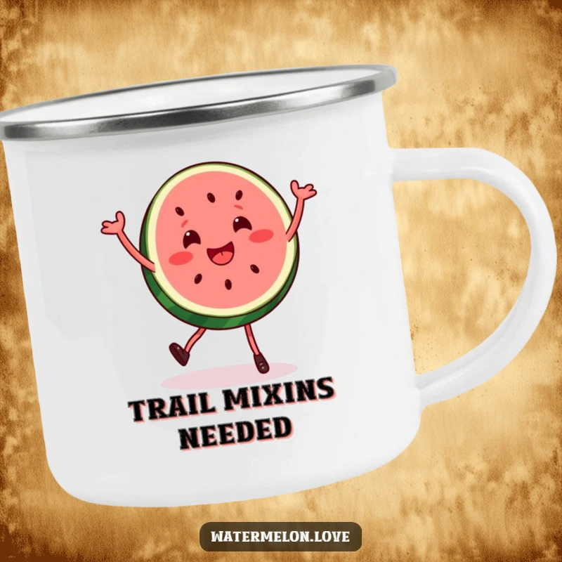 Funny watermelon slice camping mug shown in a spirited, bouncy dance, ready for outdoor adventures and adding humor to your brew.