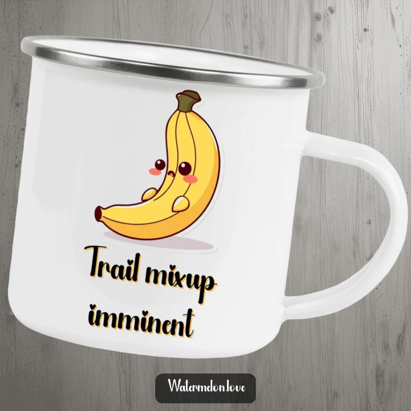 Funny camping mug featuring an anthropomorphic banana peel slipping unexpectedly, adding a humorous touch to outdoor adventures.