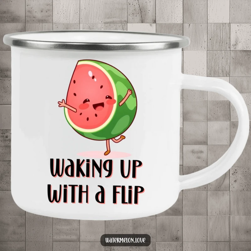 Funny watermelon cartwheel camping mug, a resilient metal cup with a cartwheeling fruit wedge, ready for adventure.