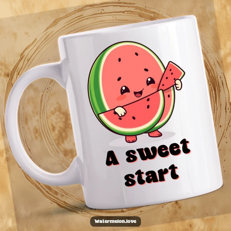 Funny mug depicting a smiling watermelon character offering a slice to another fruit, symbolizing friendship and sharing.