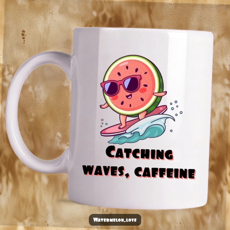 Funny kawaii watermelon slice wearing sunglasses surfing on a tiny wave, a cool and humorous mug.