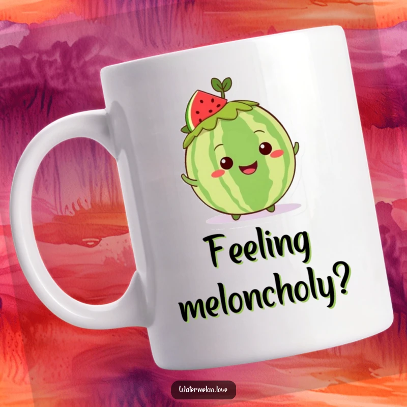 Funny Kawaii whole watermelon mug with a leafy crown, grinning and doing a cheerful shimmy, perfect for morning drinks.