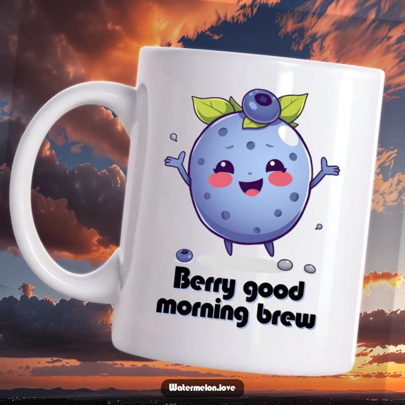 Funny mug featuring a jubilant anthropomorphic blueberry happily juggling tiny seeds with a cheerful expression, bringing fruity fun.