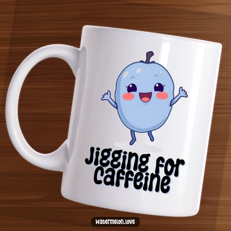 Funny Delighted Blueberry Mug doing a little jig, full of energy and berry cheer.