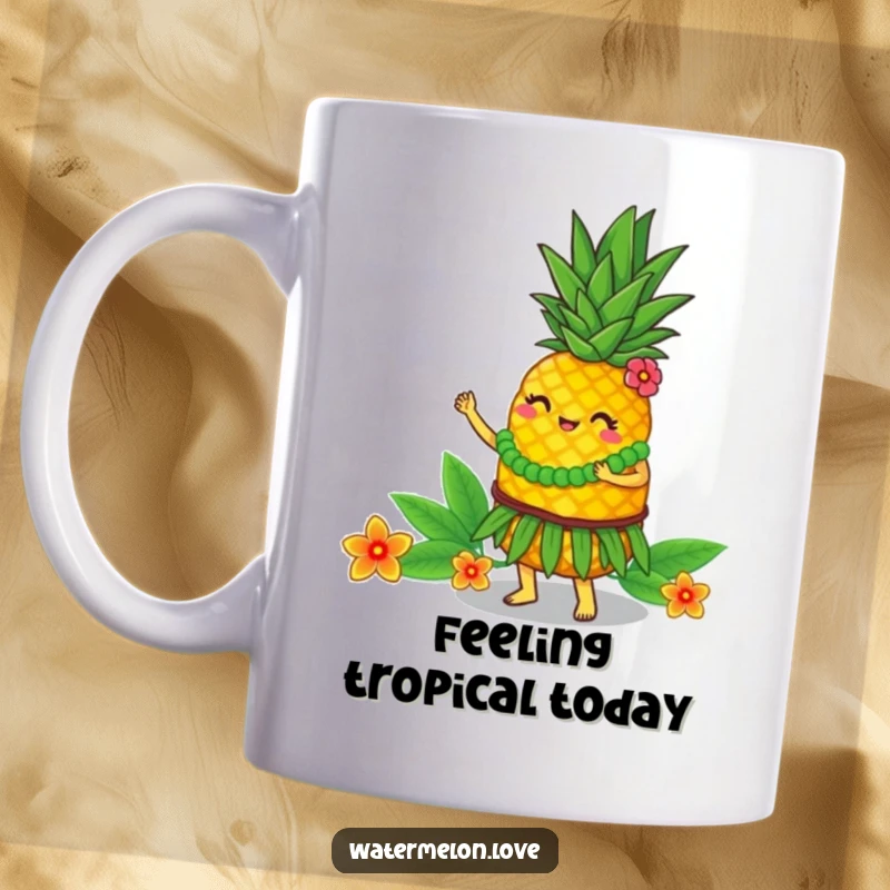 Funny Mug: Anthropomorphic pineapple doing a hula dance, tropical and fun, a hilarious funny gift.