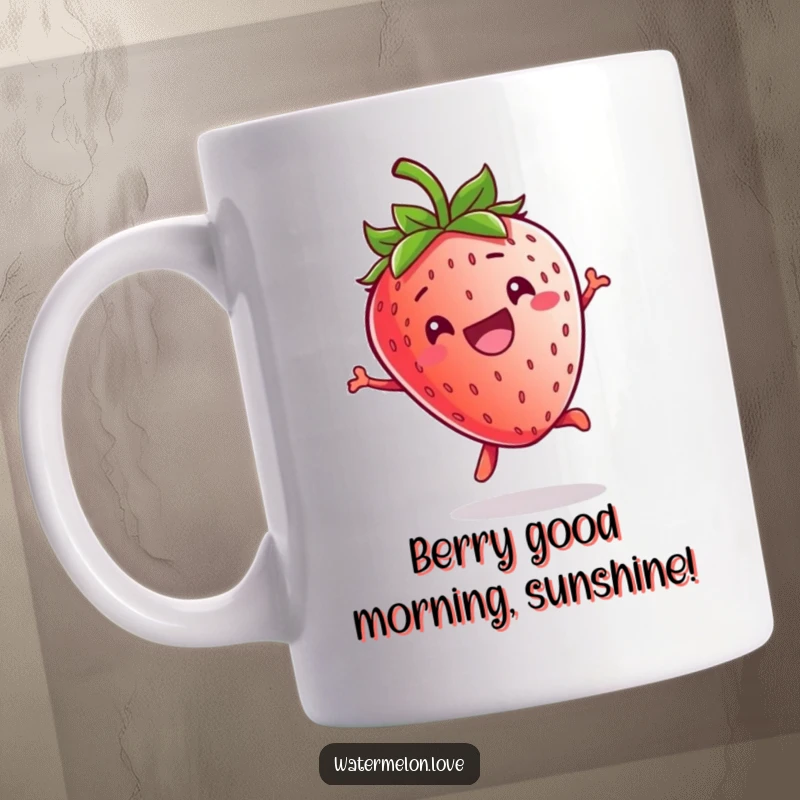 Funny Kawaii Strawberry Mug: A happy, grinning strawberry character joyfully jumping with excitement, perfect for a laugh.