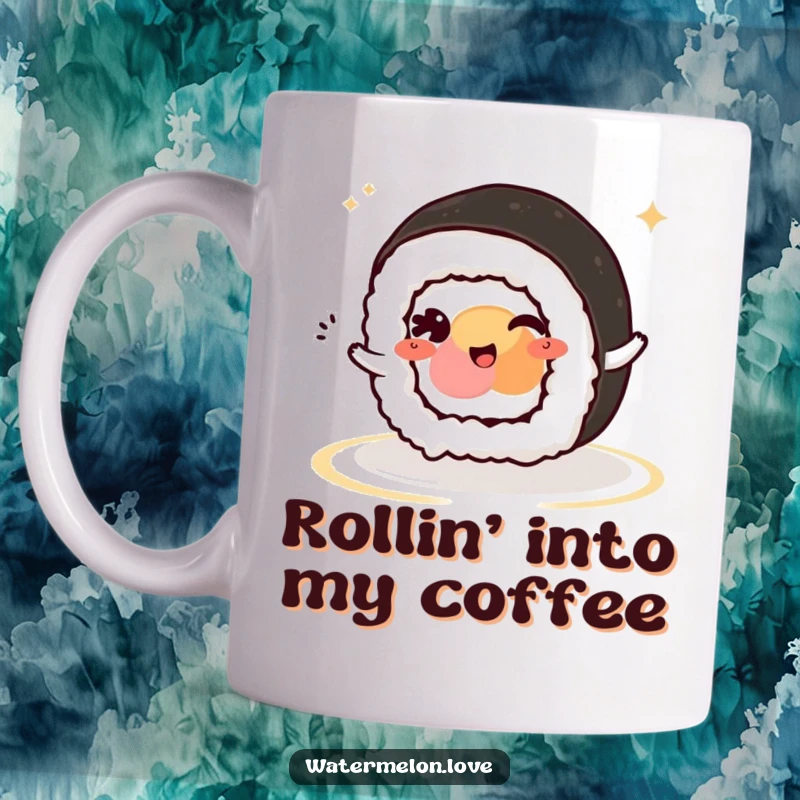 Funny Kawaii Sushi Roll Mug: A cute sushi roll character winking playfully as it rolls, bringing a smile.