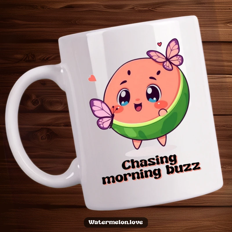 Funny kawaii watermelon slice with wide, excited eyes chasing a butterfly, depicted on a mug for whimsical humor.