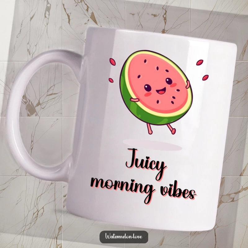 Funny Kawaii smiling watermelon slice doing a cartwheel, seeds flying, exuding pure joy and fruity fun, perfect for summer.