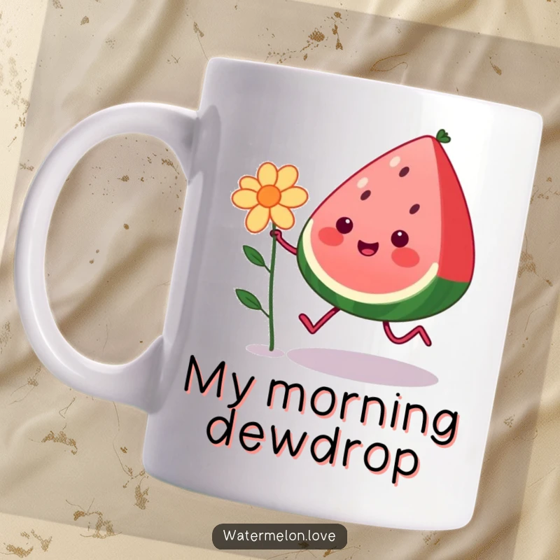 Funny kawaii watermelon character with legs joyfully skipping alongside a flower, depicted on a ceramic mug, perfect for a cheerful gift.