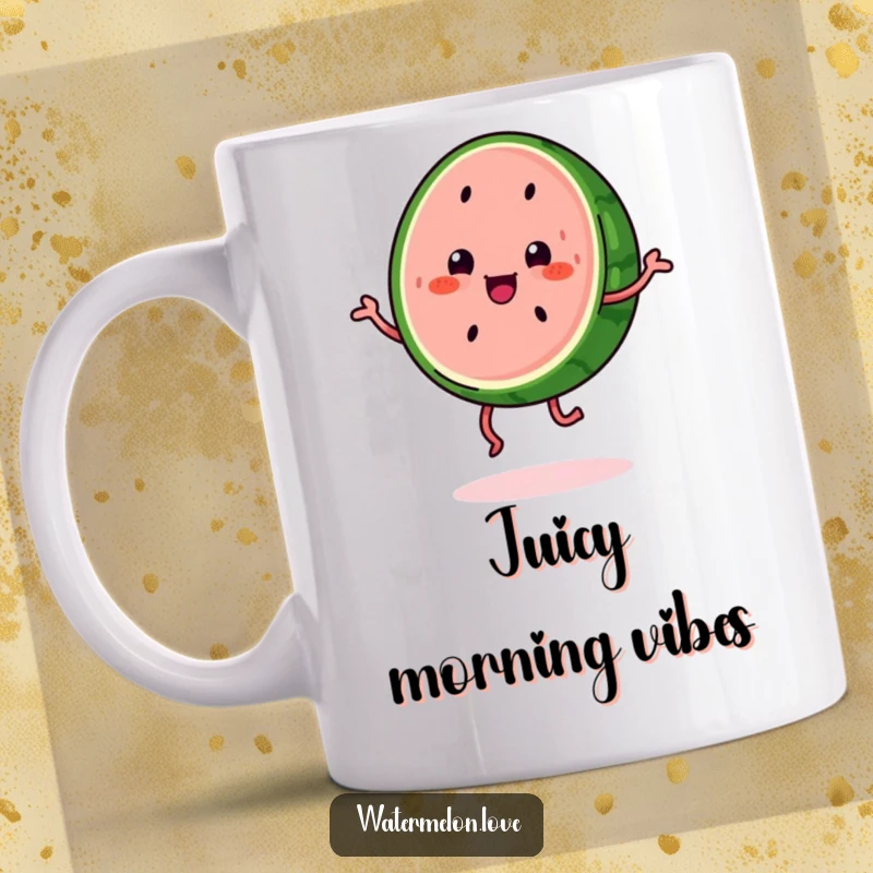 Funny kawaii watermelon slice with legs happily jigging, a joyful and colorful mug for a cheerful start.