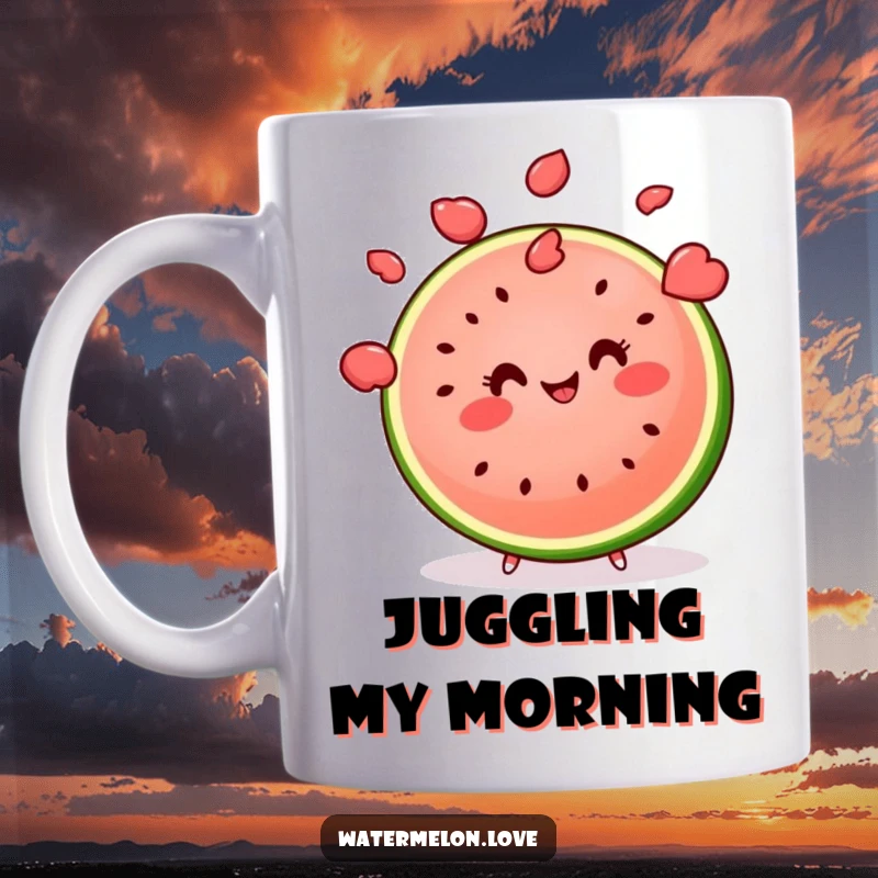 Funny kawaii watermelon slice juggling multiple seeds with a smile, a skillful and humorous mug.
