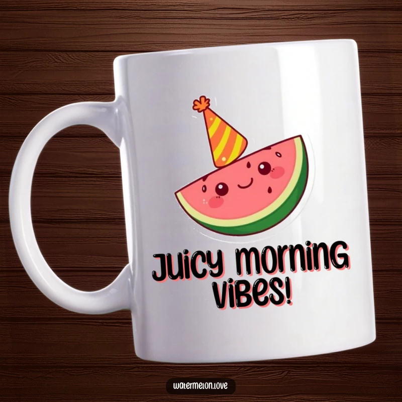 Funny Kawaii watermelon slice mug wearing a party hat and cheering, embodying festive happiness.
