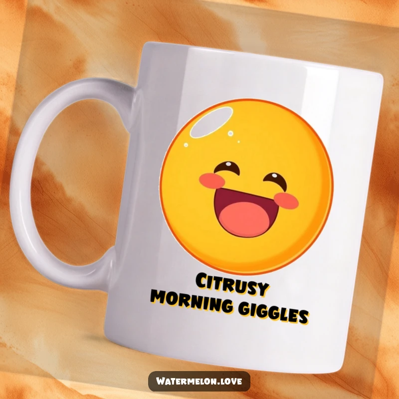 Funny round orange mug in a rolling motion, head tilted back in infectious laughter, radiating pure joy.