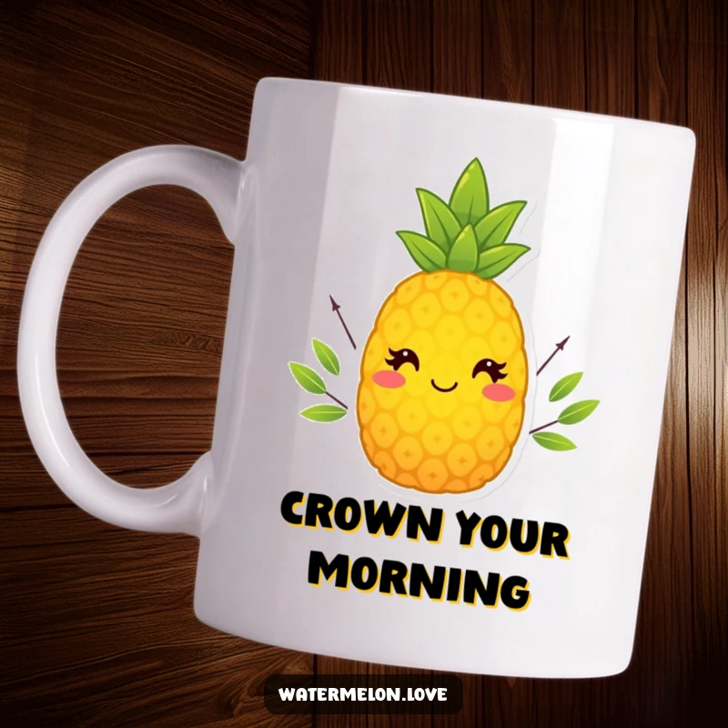 Funny Smiling Pineapple Mug wearing a tiny leafy crown, exuding tropical royalty and cheerful vibes.