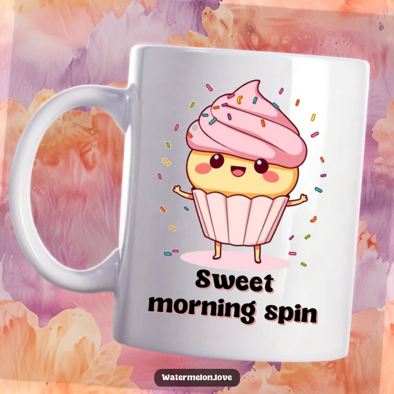 Funny Mug: Delighted anthropomorphic cupcake spinning with joy, covered in sprinkles, a hilarious funny gift.