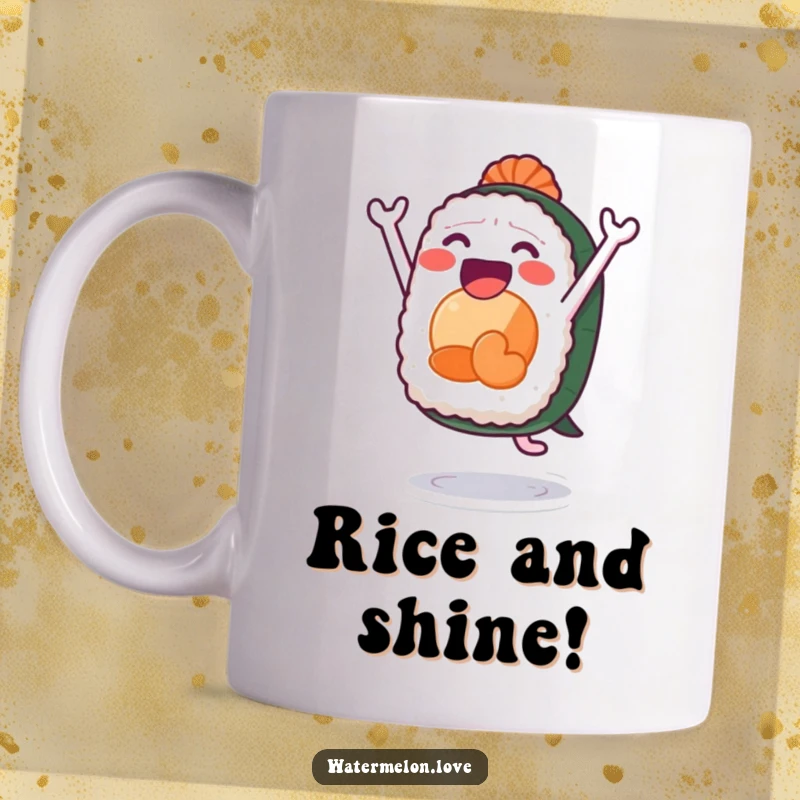 Funny sushi mug, anthropomorphic sushi piece leaping high with excitement, portraying pure joy and deliciousness.