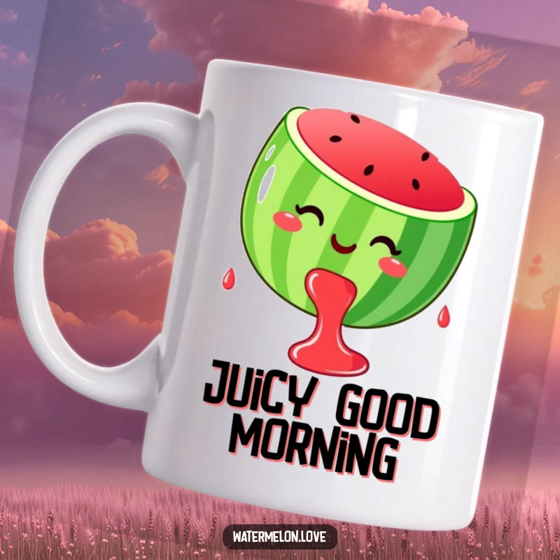 Funny stylized, smiling watermelon dripping happy juice drops, perfect for a funny gift mug.