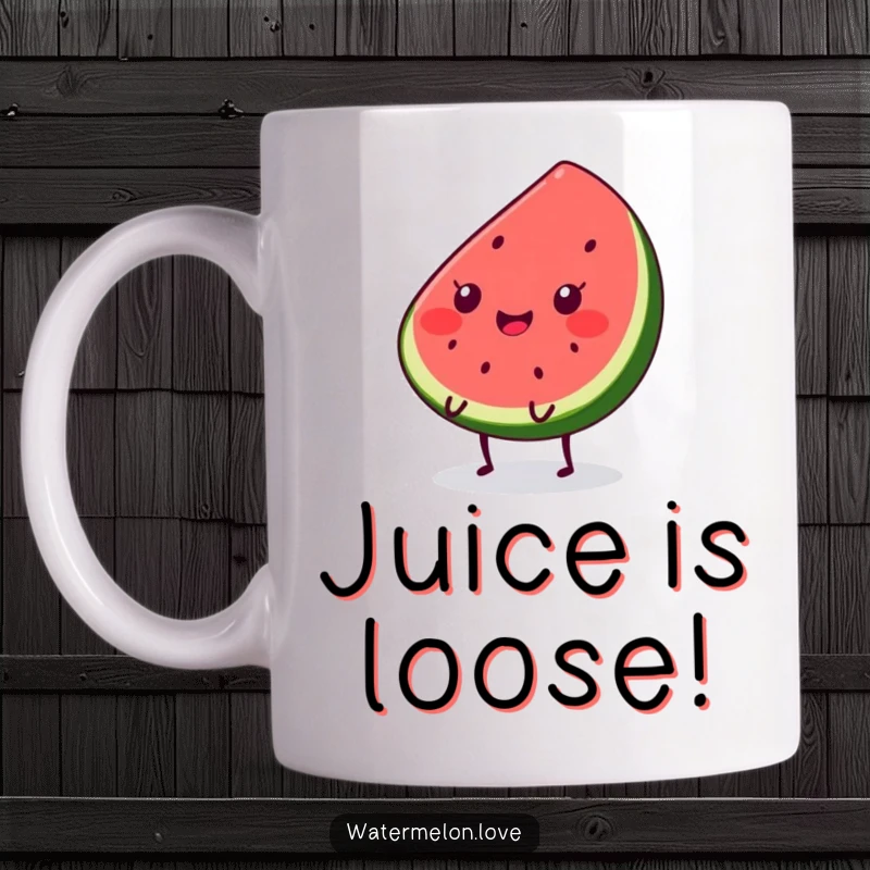 Funny Kawaii watermelon slice mug with tiny legs, gleefully bouncing with pure joy for a delightful morning coffee experience.