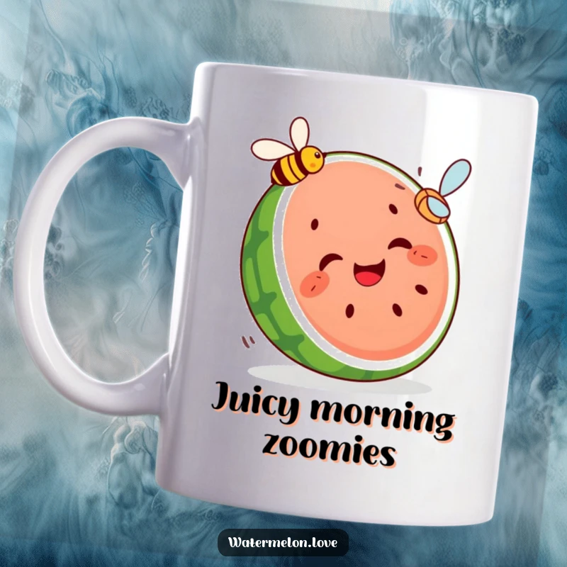 Funny mug featuring a giggling watermelon slice with multiple seed segments enthusiastically chasing a flying bee, a whimsical and fruity chase scene.
