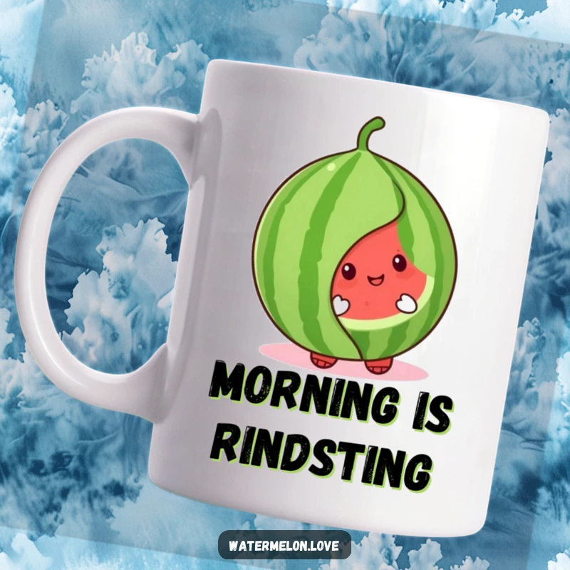 Cute watermelon character peeking shyly from behind a large, cheerful green leaf, offering a playful and heartwarming morning surprise.