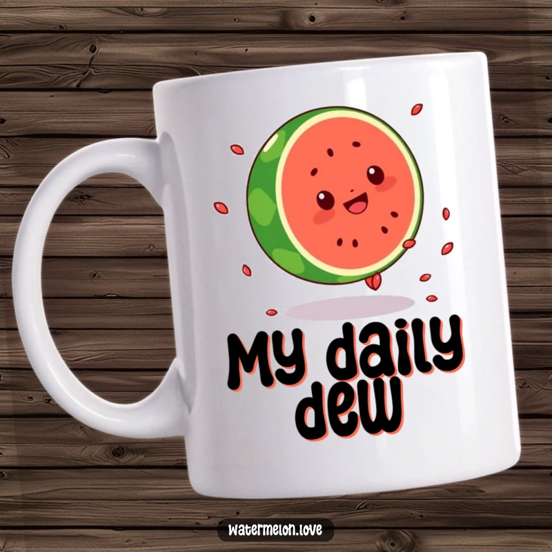 Funny mug with a round Kawaii watermelon character performing an energetic cartwheel, seeds flying comically, expressing pure joy and athleticism.