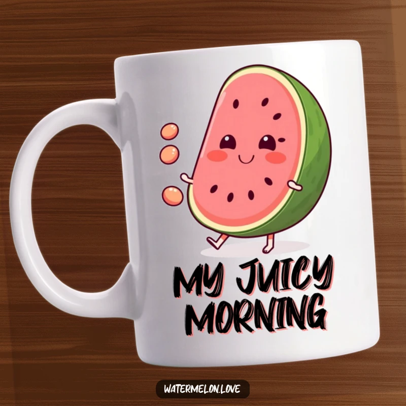 Funny Watermelon Mug: A smiling, anthropomorphic slice of watermelon happily juggling small, round seeds, full of summer joy.