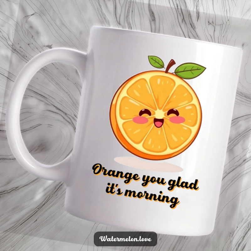 Funny mug with a cheerful orange segment character in the center, depicted in a joyful spinning motion.