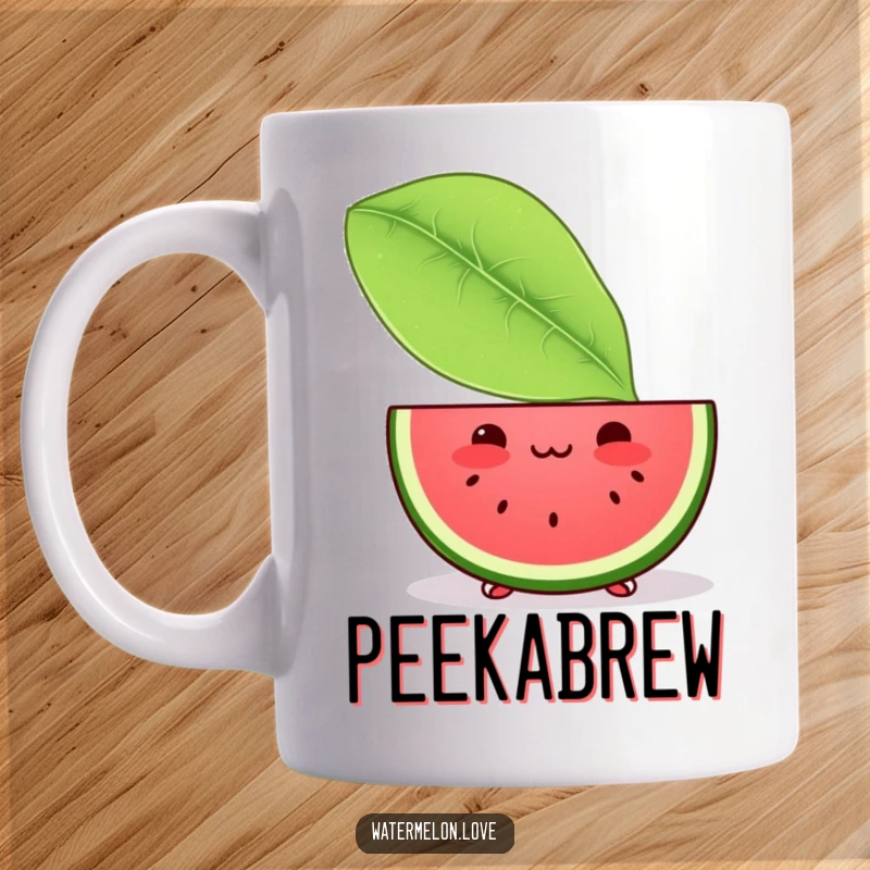 Funny mug showcasing a blushing Kawaii watermelon slice peeking coyly from behind a large green leaf, conveying shyness and sweetness.