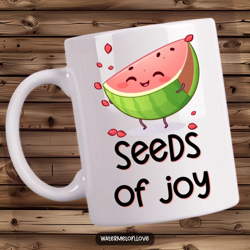 Funny watermelon mug, a smiling slice with tiny legs excitedly juggling seeds, full of summer energy and fun.