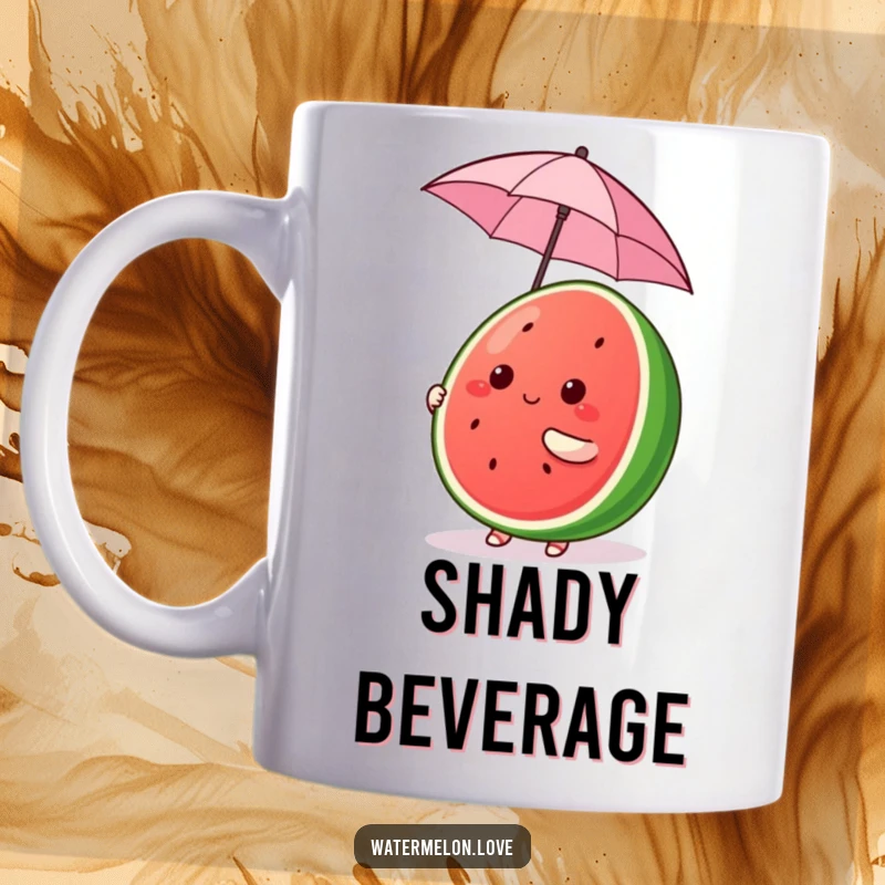 Funny Kawaii Watermelon Mug, cute fruit character comically balancing a tiny umbrella, cheerful and funny gift.