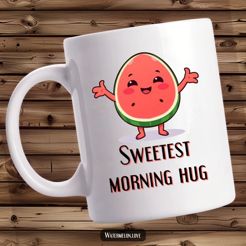 Funny Kawaii watermelon wedge mug with arms outstretched, offering a warm, cheerful hug, perfect for coffee lovers.