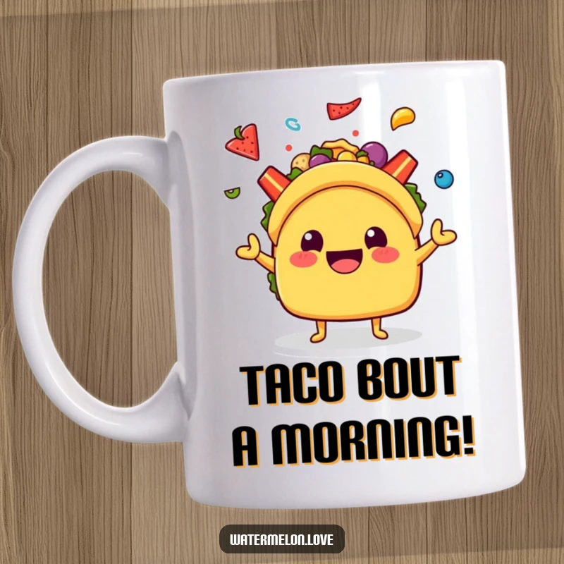 Funny Kawaii Taco Mug: A smiling taco character expertly juggling colorful toppings with a cheerful expression.