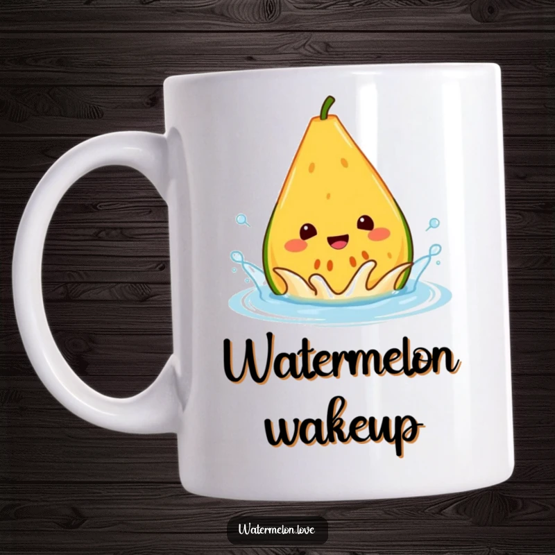 Funny melon mug, a cheerful anthropomorphic wedge happily splashing in a water droplet, radiating pure joy and refreshment.
