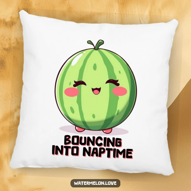 Funny winking watermelon pillow, a soft cushion featuring a whole fruit with a playful wink and bounce.