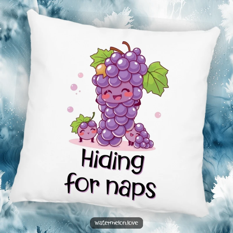 Funny pillow featuring a giggling bunch of grapes playing hide-and-seek, perfect for cuddles.