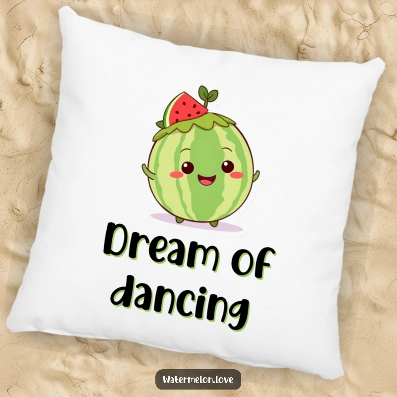 Funny Kawaii whole watermelon pillow, showing a grinning character in a leafy crown doing a cheerful shimmy, perfect for comfort.