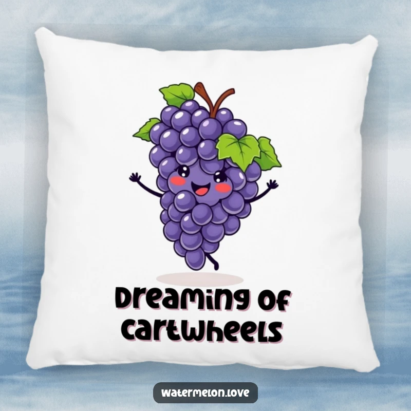 Funny pillow featuring a smiling grape cluster doing a cartwheel, providing plush comfort and a dose of fruity, athletic cheer.