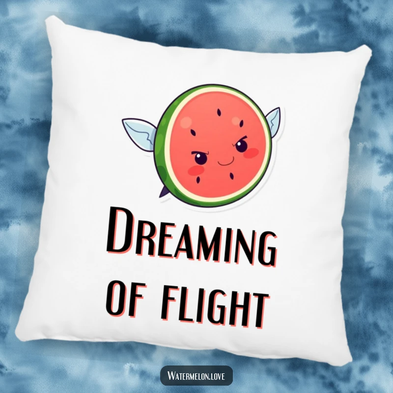 Funny and soft pillow showcasing a kawaii watermelon slice with a determined look attempting to fly, perfect for inspiring decor.