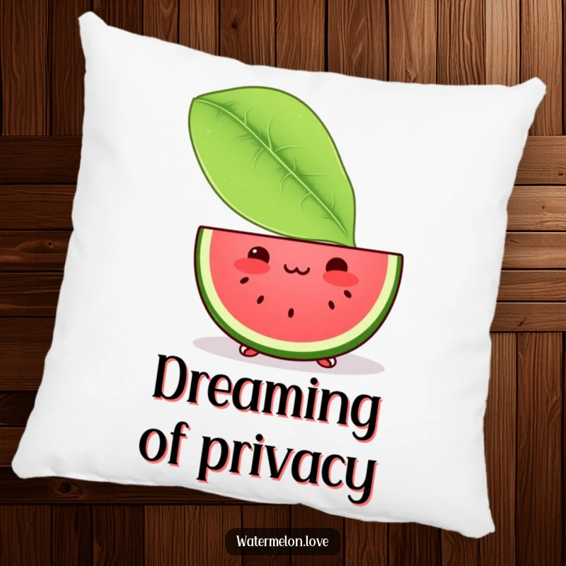Funny pillow with a shy Kawaii watermelon slice peeking from behind a giant leaf, offering comfort and a hint of blushing sweetness.