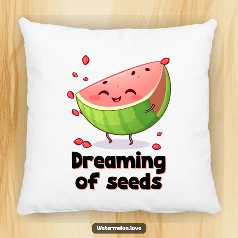 Funny watermelon pillow, a smiling slice with tiny legs, juggling seeds with excitement, perfect for a comfy accent.