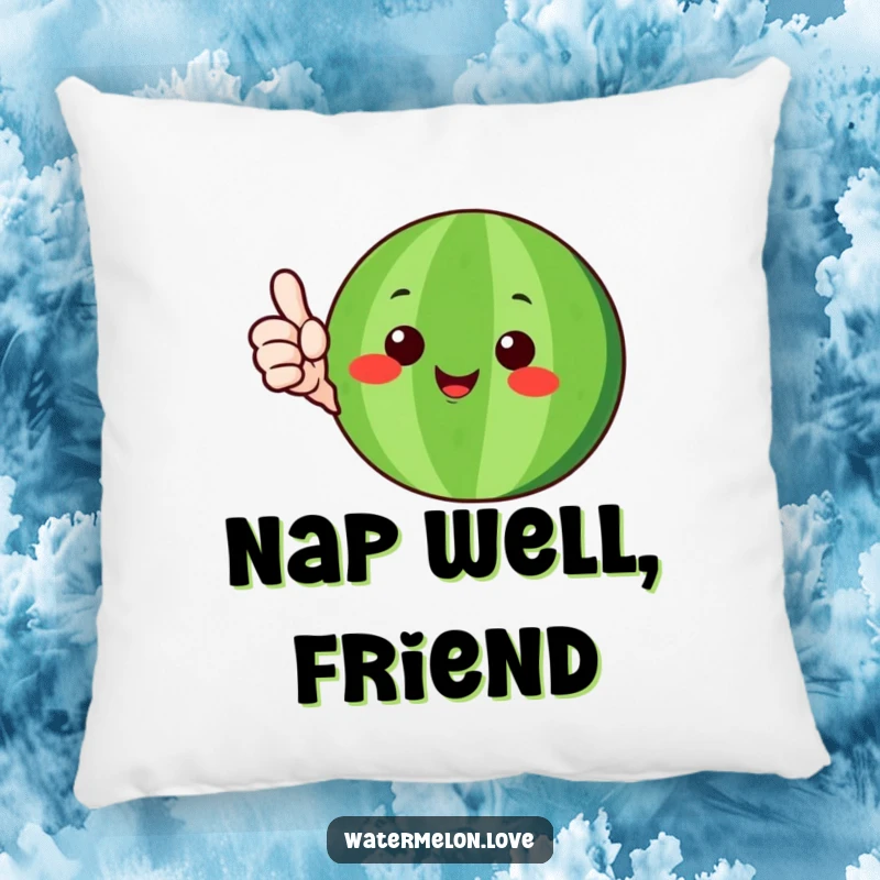 Funny watermelon character with green rind giving a happy thumbs-up, printed on a soft pillow, a cheerful and humorous gift.