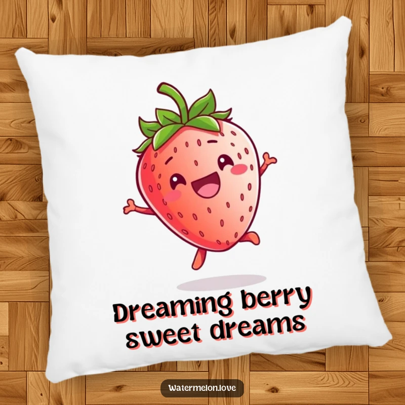 Funny Kawaii Strawberry Pillow: A plush pillow featuring a happy, grinning strawberry character joyfully jumping, offering comfort and humor.