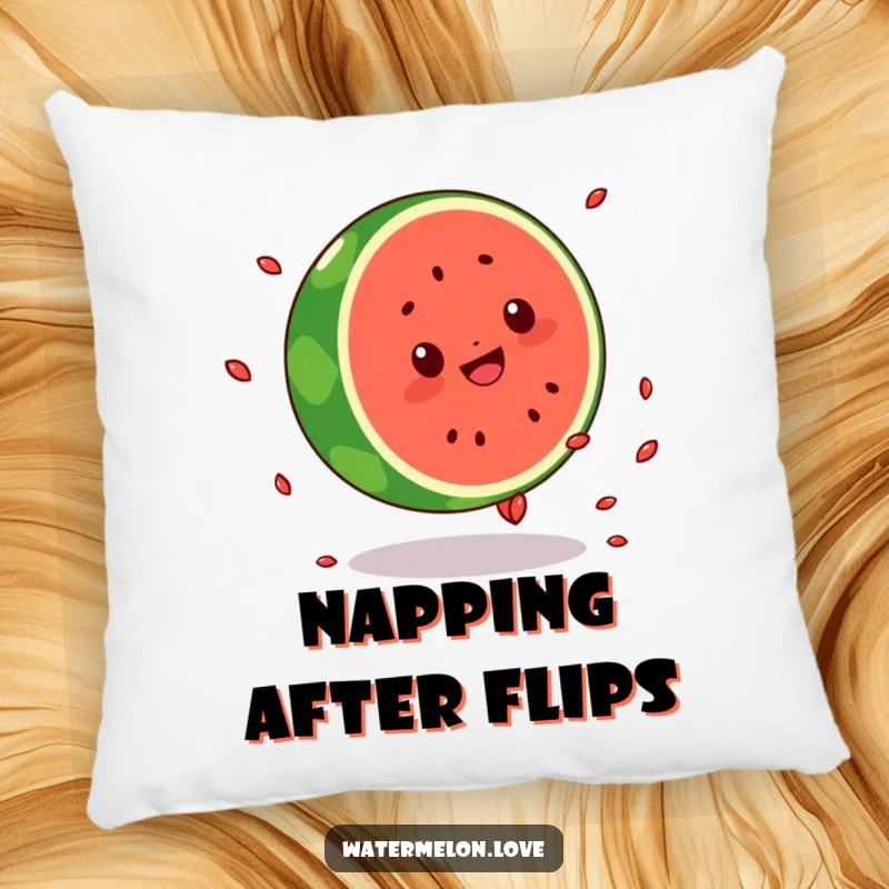 Funny pillow featuring a round Kawaii watermelon character in mid-cartwheel pose, seeds scattered, bringing cheerful athletic energy to home decor.