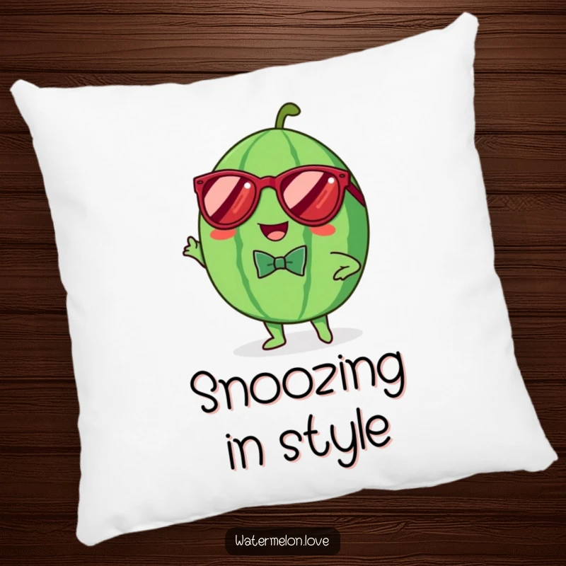 Funny pillow with a cheerful Kawaii watermelon wearing sunglasses and a bowtie, striking a confident pose, perfect for adding stylish humor.