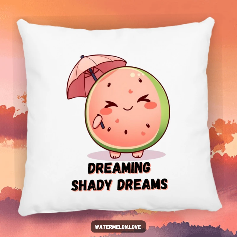 Funny Kawaii watermelon slice pillow winking and holding a tiny umbrella, offering soft, mischievous comfort.