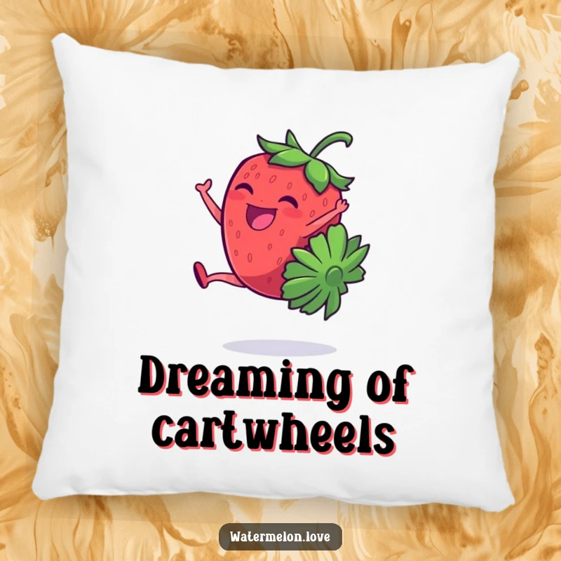 Soft pillow featuring a giggling, anthropomorphic strawberry doing a cartwheel with infectious joy and playful charm.
