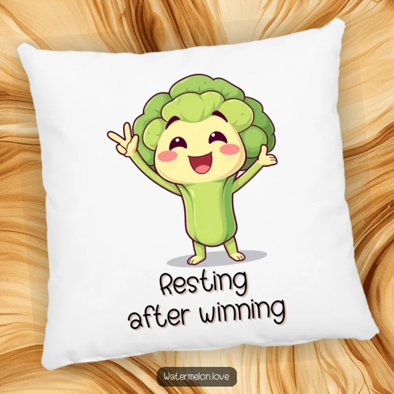 Funny Pillow: Broccoli floret in a victory pose, soft and supportive, a cute funny gift.