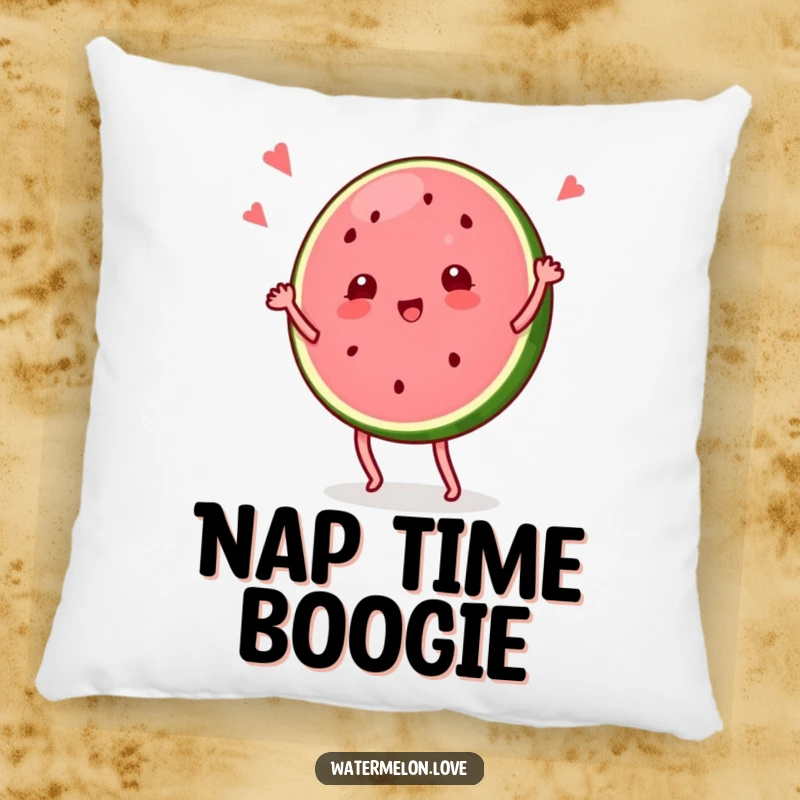 Funny pillow featuring a cute watermelon slice character doing a comical dance, offering comfort and a playful vibe.